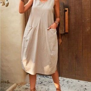 Sleeveless Beige Pocket Midi Dress